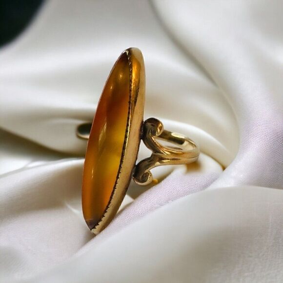 Antique 10k Gold Banded Agate Ring Sz 4.25 c1900 Victorian Navette Ring 2.7g - Picture 13 of 16